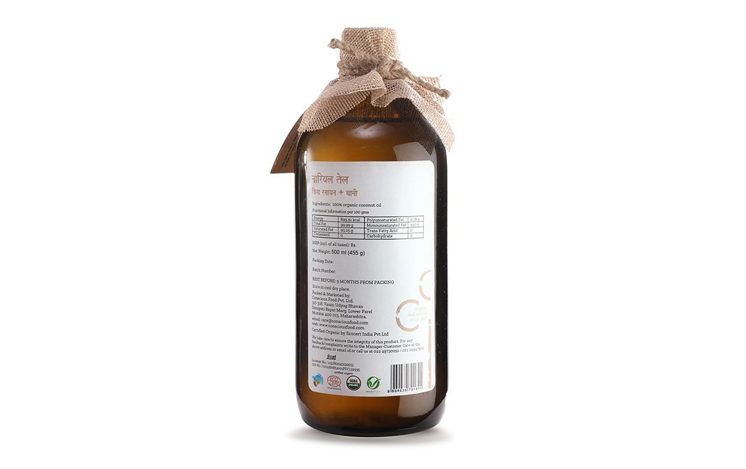 Conscious Food Coconut Oil Organic + Cold-Pressed   Glass Bottle  500 millilitre